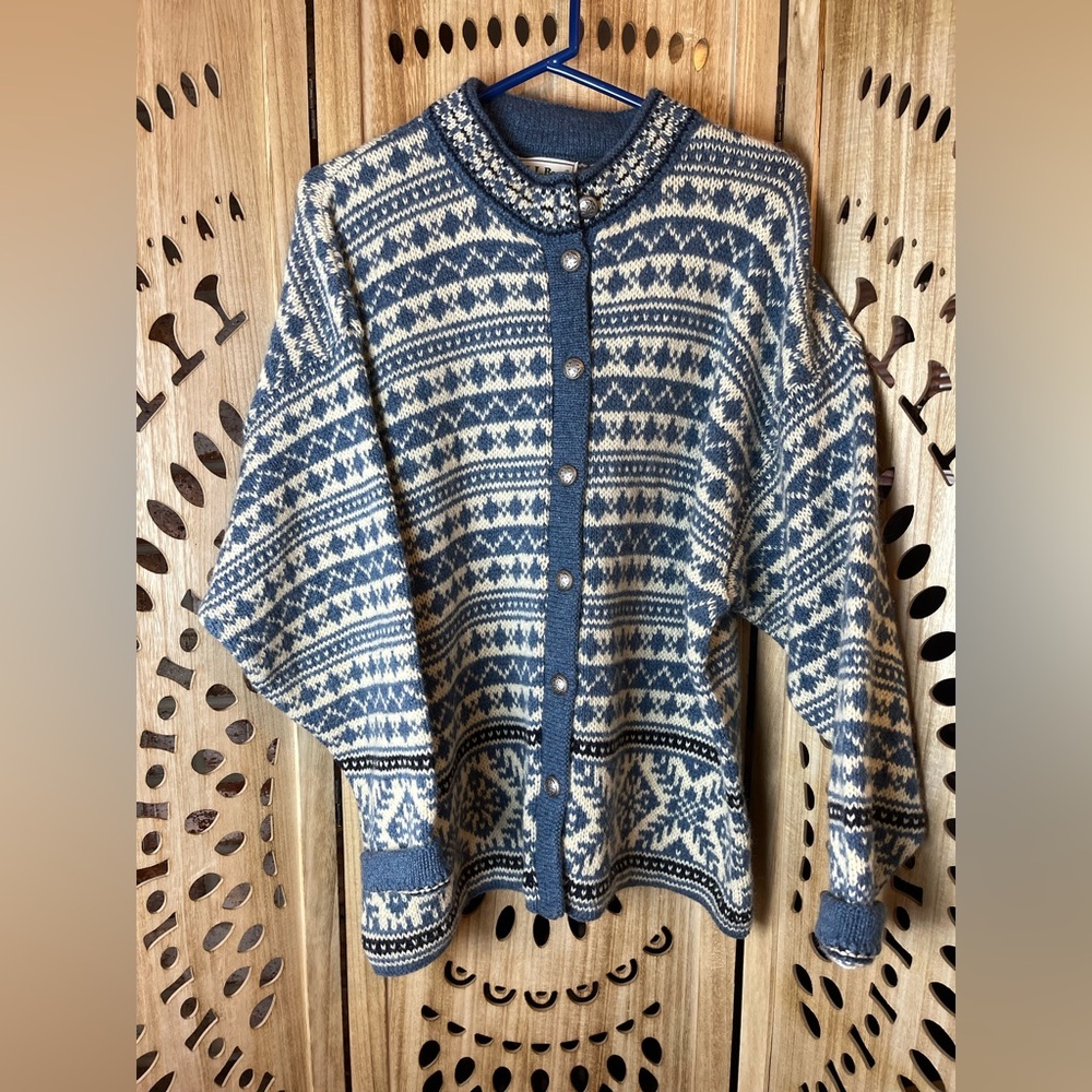 Vintage L.L. Bean Wool Nordic Cardigan – Fair Isle Sweater Made in USA XL